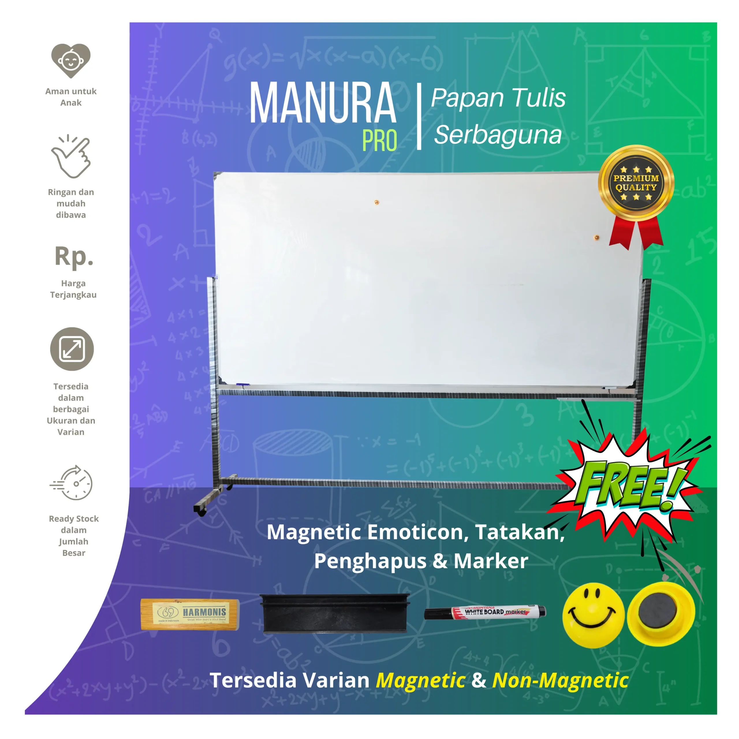 FLUXI papan tulis besar untuk kelas sekolah ukuran 120x240 cm